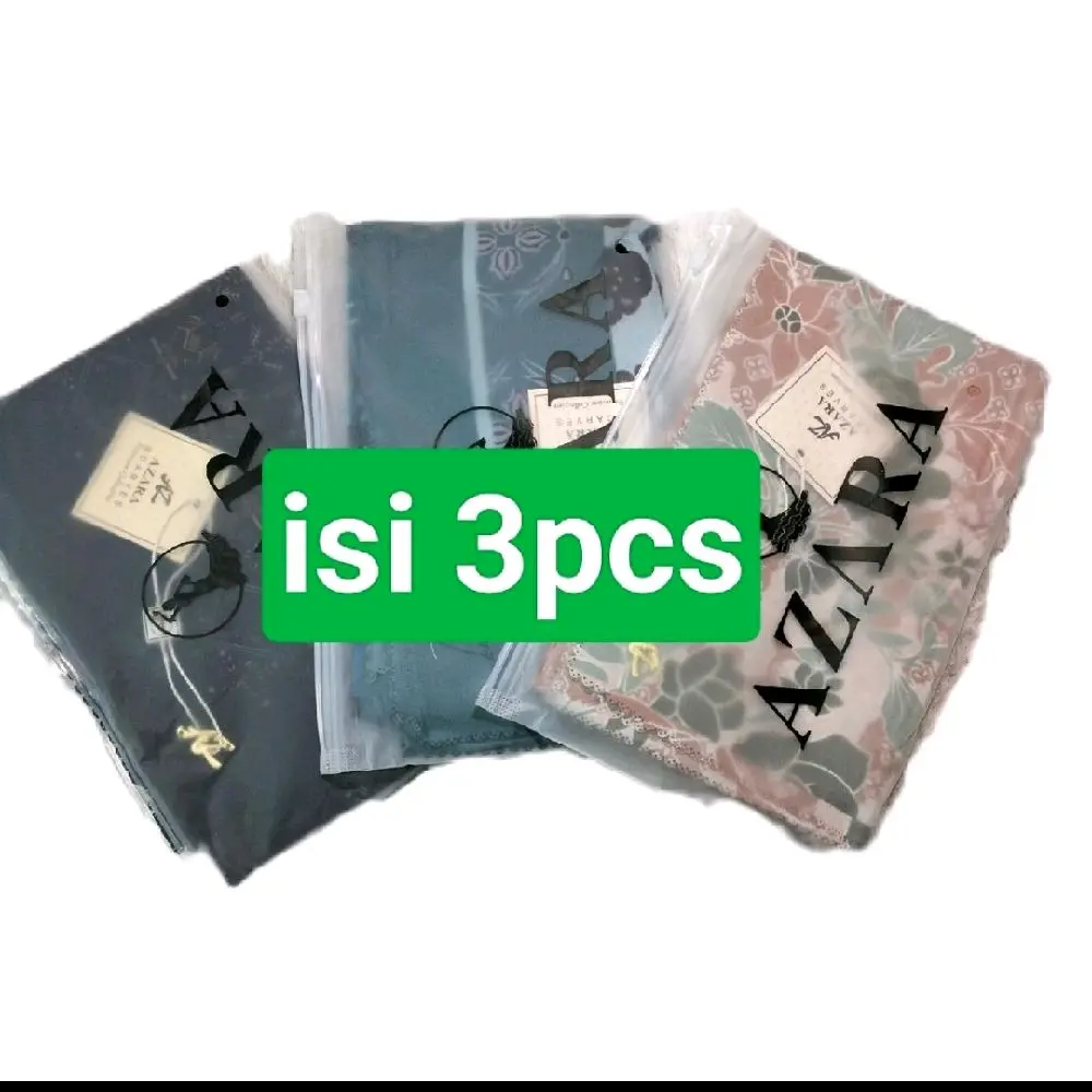 (ecer 3 pouch) hijab segiempat motif azara pouch paket usaha logo metal bahan voal LC lasercut by azara superfashion Muslim Square Kerudung