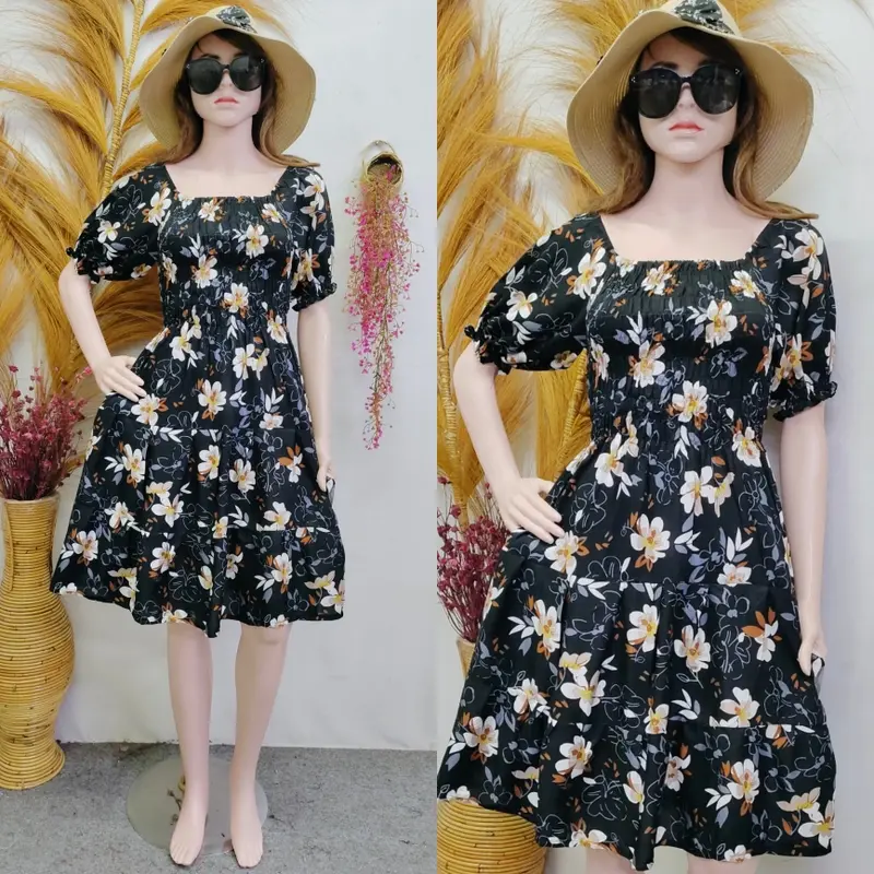 RSD - Dress Midi Canda Kerut Casual Dewasa Motif Nyaman