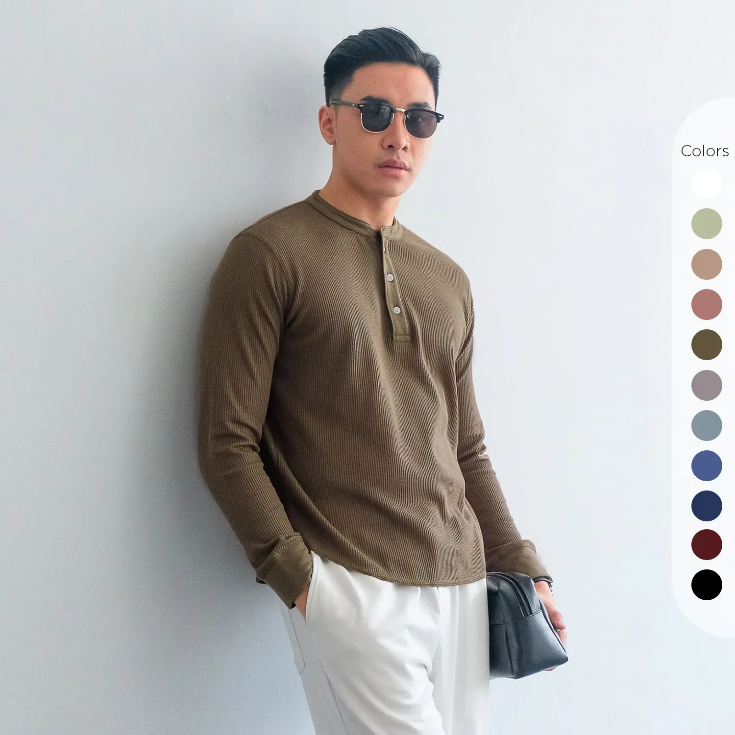 Isla for Men Smith Waffle Henley Neck T-Shirt Long Sleeve