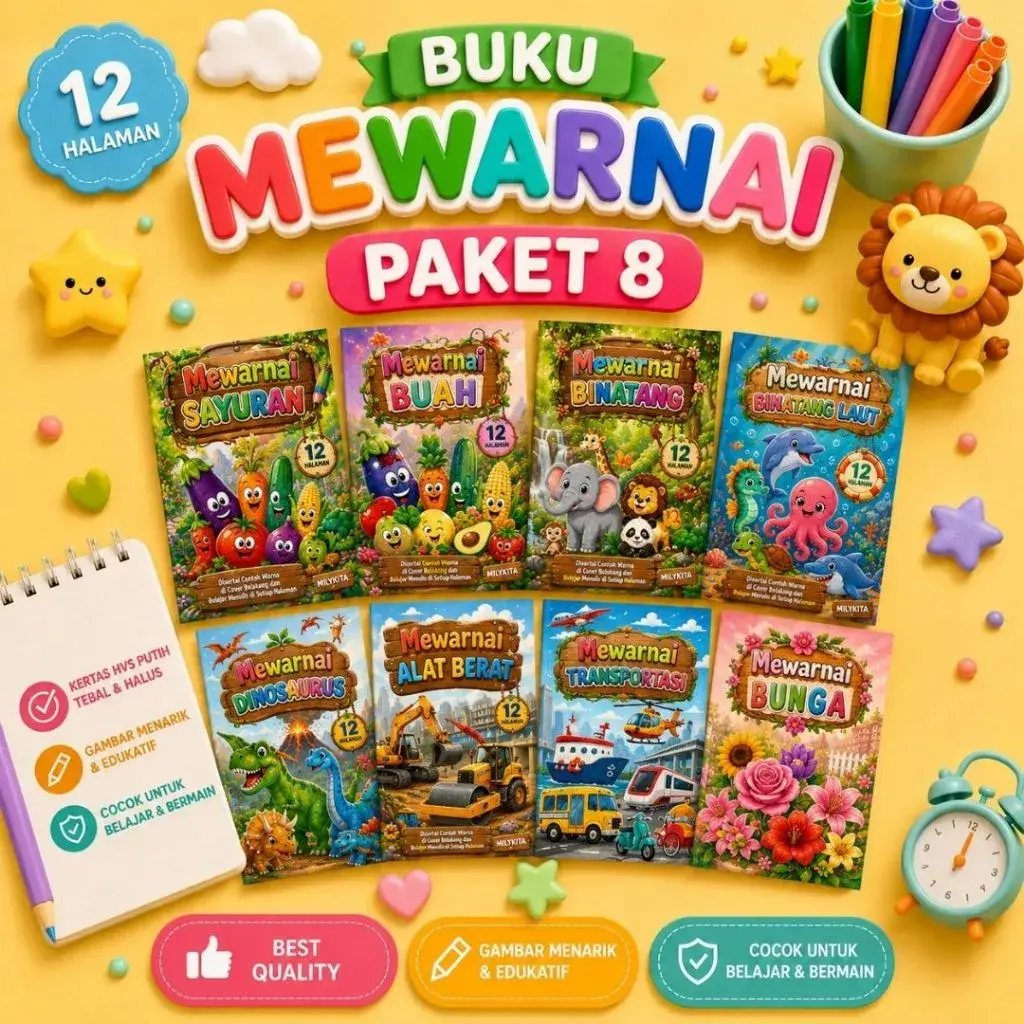 Paket 8 Buku Mewarnai Anak Coloring Book Edukasi Belajar dan Aktivitas Paud TK Usia Dini 12 Halaman Kertas HVS Putih Ukuran A5