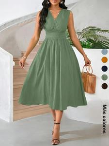 1 vestido sin mangas minimalista, tejido texturizado y cintura fruncida, cómodo para usar en la oficina y eventos de verano