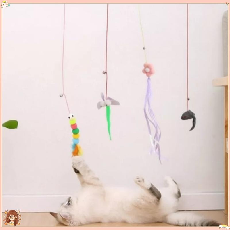 Đồ chơi gắn tường cho mèo có chuông và dây đàn hồi kích thích săn mồi, hình chuồn chuồn, sâu lông vũ
