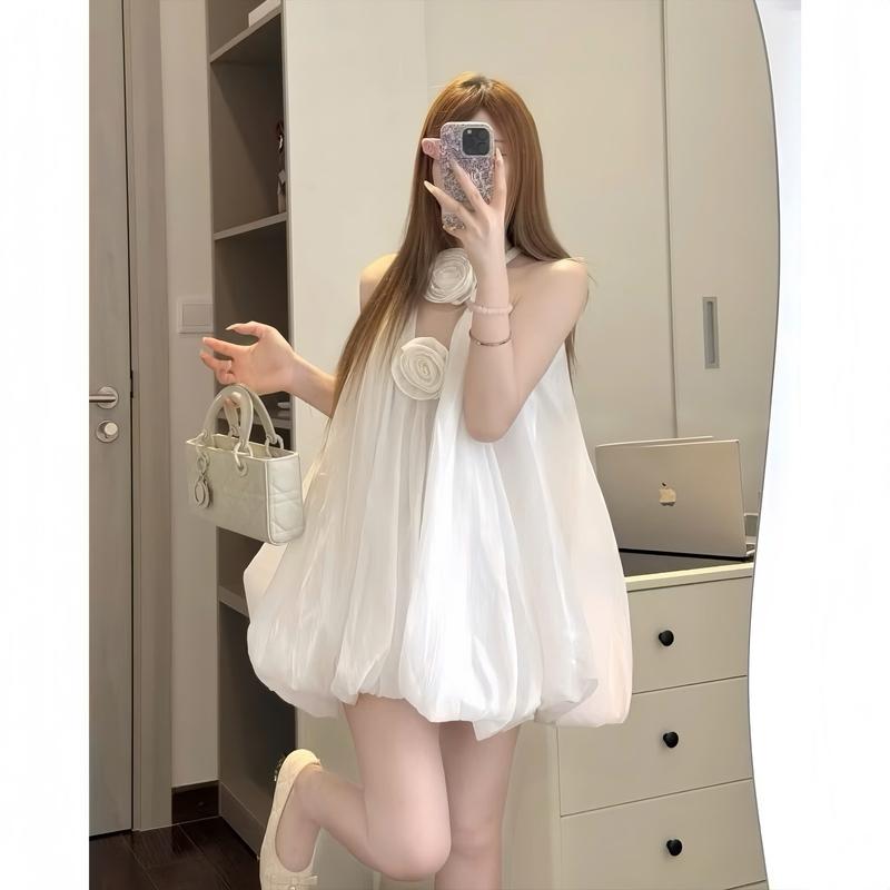 [Kèm quần] Đầm babydoll cổ yếm chân bí bồng đính hoa dọc trước xinh xắn váy nữ xinh nhẹ nhàng