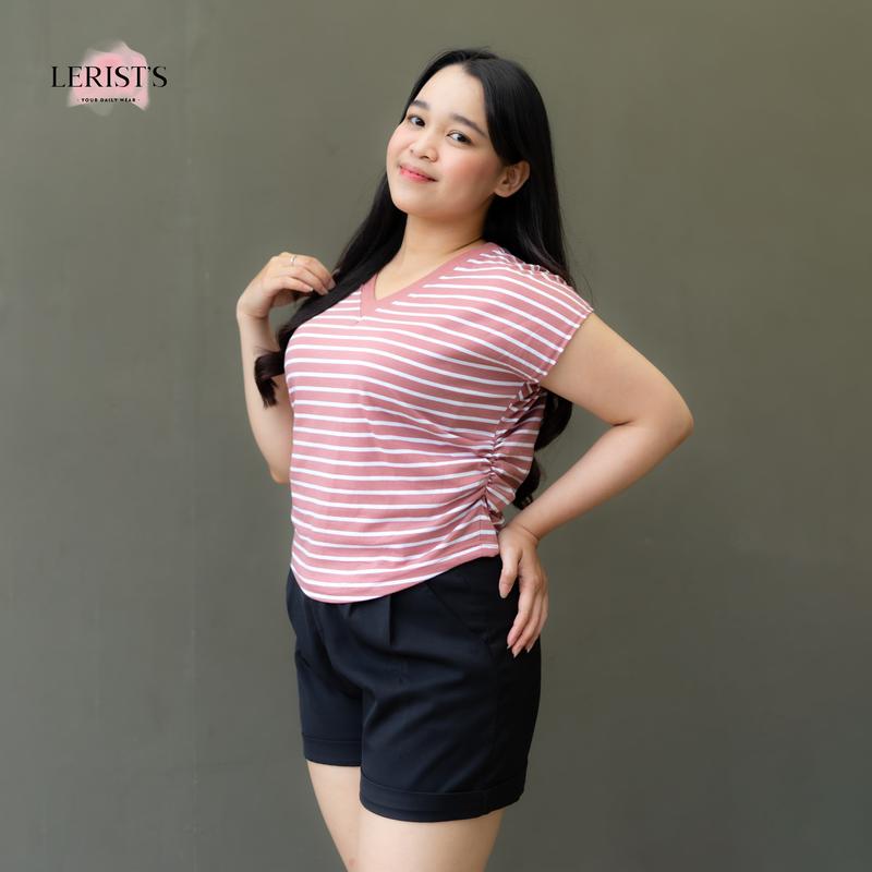 V-NECK CROP STRIPE KERUT- Top tee Garis salur Kaos Atasan basic Katun Leher V Wanita Cotton Combed 30s Premium Lerist T-Shirt Polos Baju Pendek 3