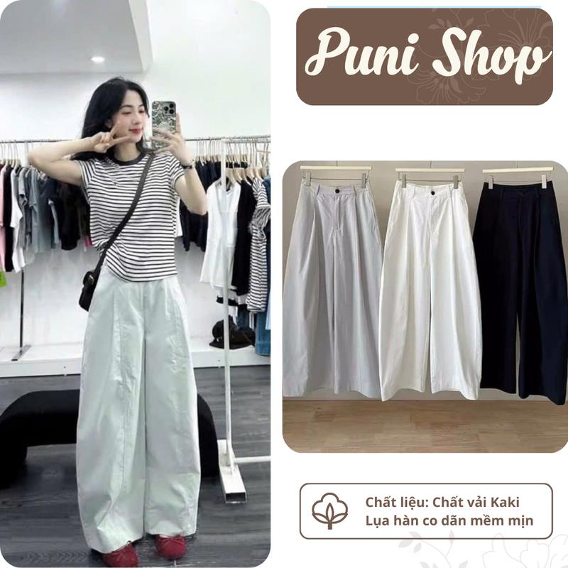 Quần Ống Rộng Nữ Dáng Bom Nhẹ Cạp Nửa Chun Vải Kaki Lụa Hàn Co Dãn Unisex Trendy Thu Đông