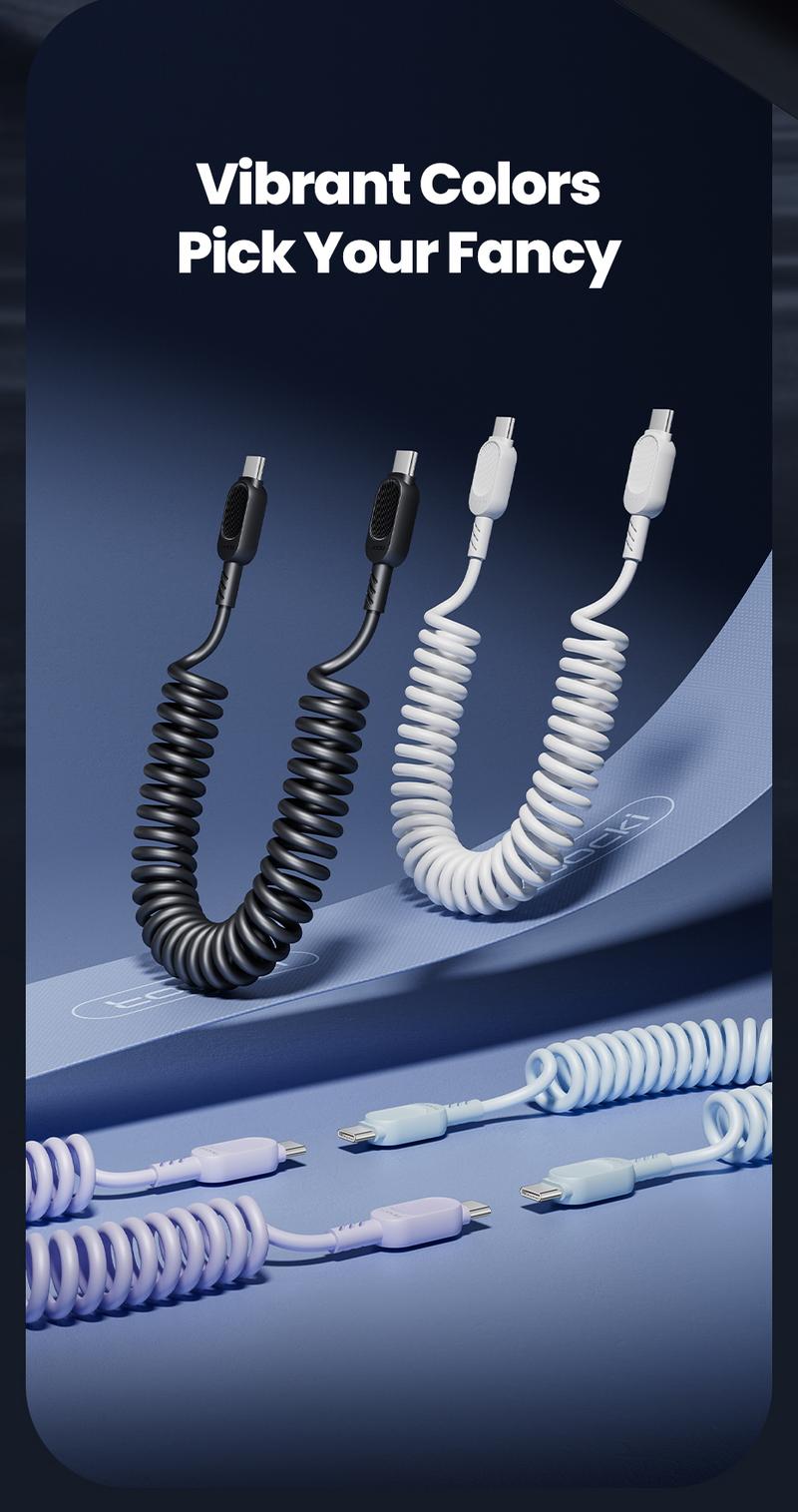 Product Introduction of Toocki PD100W Type C To Type C Spring Fast Charging Cable 6A USB A To Type C Fast Data Line A-L 20W C-L Car Charger Wire 1.8m 30
