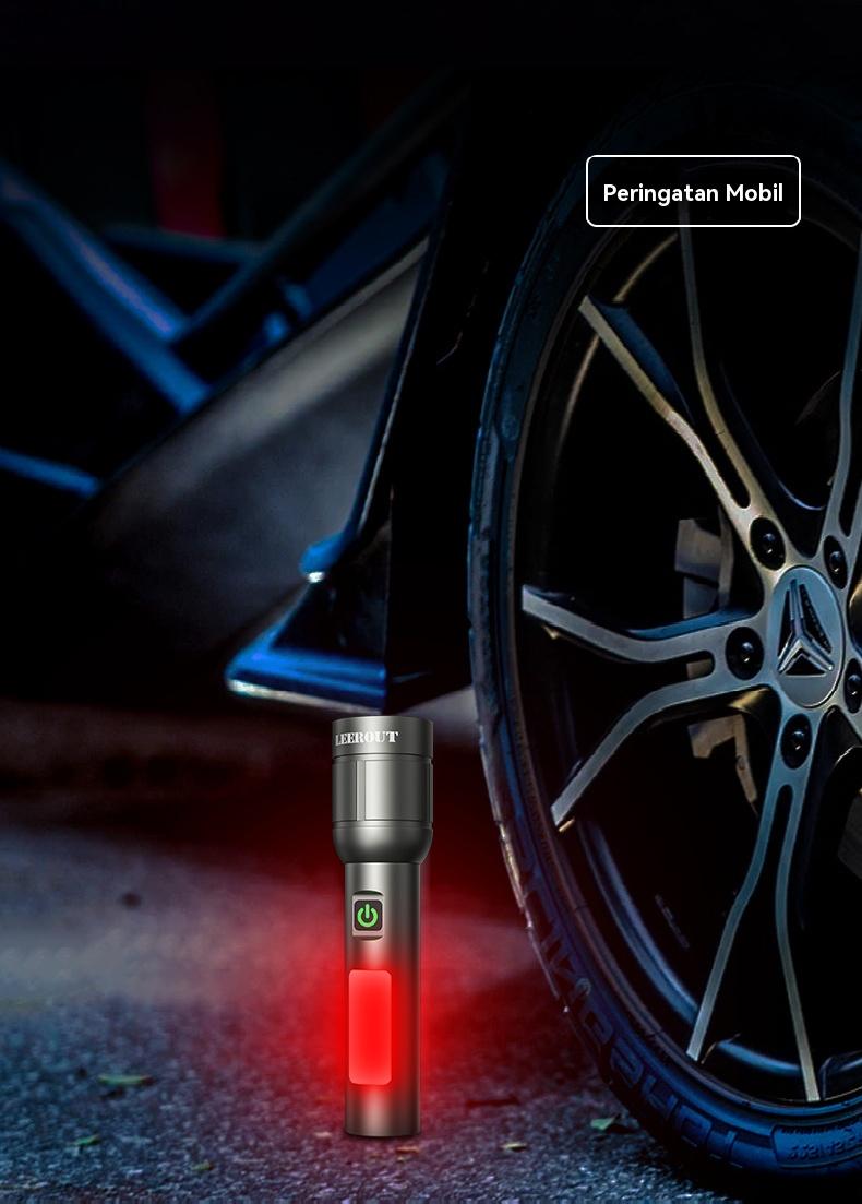 LEEROUT FlashlightSenter Terterang LED 1500 Lumen Super Terang Zoom TeleskopikDengan lampu peringatan Jangkau panjang