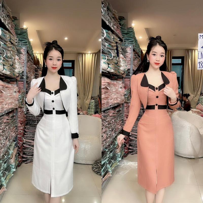 B39 Set vest thiết kế hai món áo khoác +đầm dây phối nút bọc viền đen sang trọng sét đồ nữ sang chảnh set váy nữ đi tiệc đi làm đi chơi đều đẹp B39