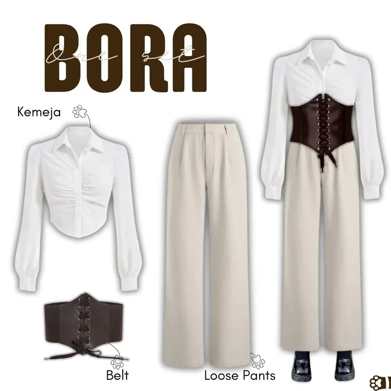Bora Outfit Vintage Cantik [Kemeja putih Crop Katun , Celana ivory, dan Belt coklat] One set OOTD Yearbook - PS46 0
