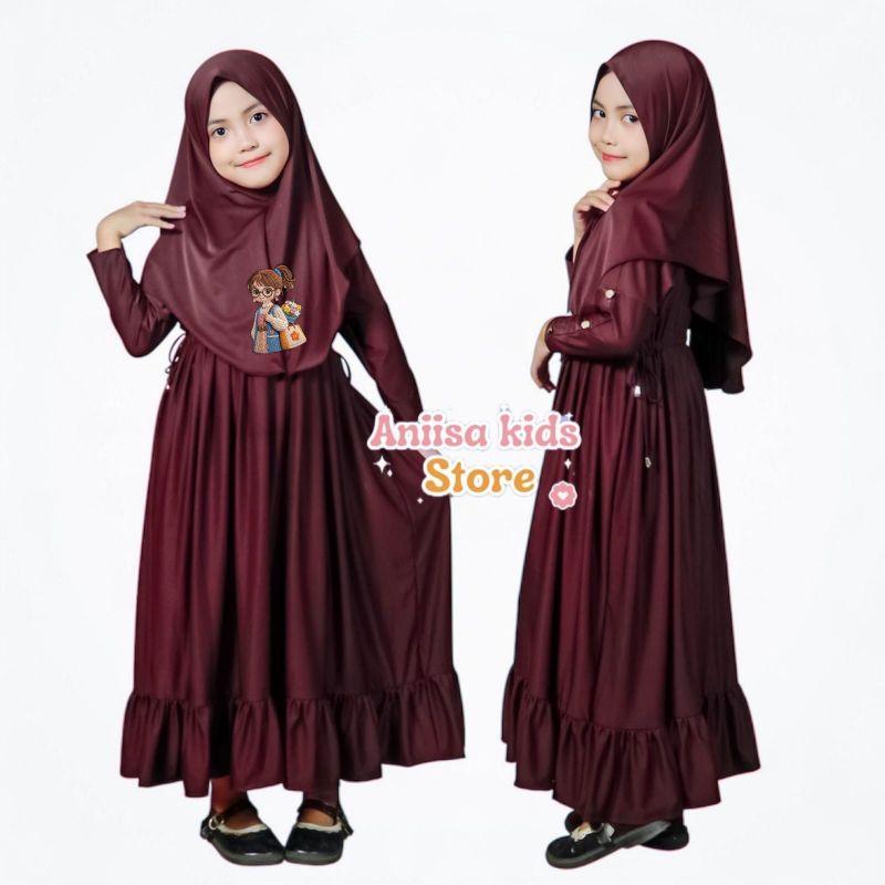 Aniisa Kids Store Baju Gamis Anak Serut Pinggang Free Hijab Usia 0-9 Tahun Sablon Gadis Kacamata Lucu untuk Anak Perempuan