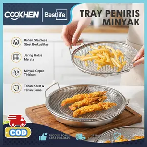 COOKHEN Saring Minyak Goreng Stainless Steel Dua Pegangan Wadah Tiriskan Minyak Ampas Makanan Anti Karat Serbaguna Untuk Dapur Rumah