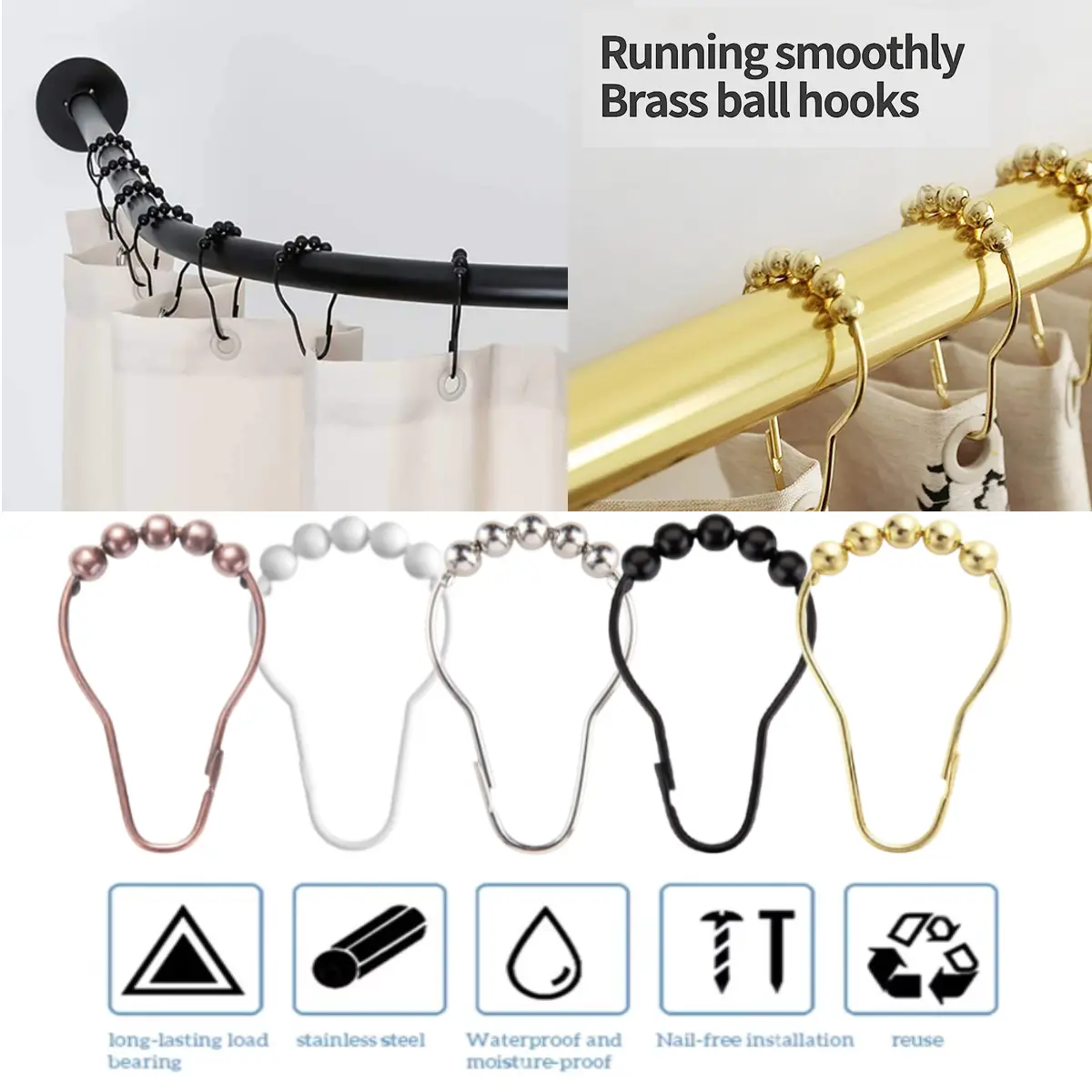 12 Pcs/Set Shower Curtain Hooks, Curtain Hooks, 5 Rolling Ball Metal Hanging Rings, Household Shower Curtain Rod Accessories