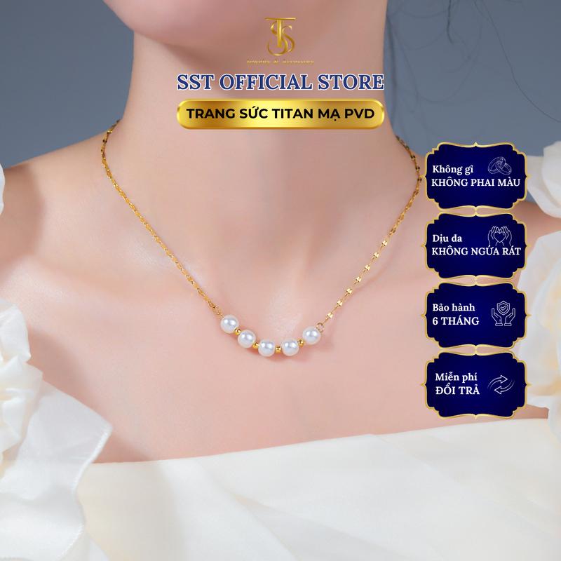  Dây Chuyền Nữ SST Official Ngọc Trai Phối Bi Dây Lá Me Titan Không Đen Rỉ Sét VC437 