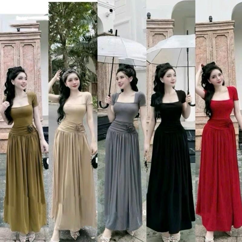 Đầm Thiết Kế Cổ Vuông Hoa Eo Tùng Dài Sang Trọng D25
