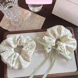 MimimallowStudio Scrunchie Vintage Ikat Rambut Wanita Korea Hijau Sage Motif Bunga Kecil Kain Katun Lembut untuk Gaya Harian Elegan dan Santai MS 003