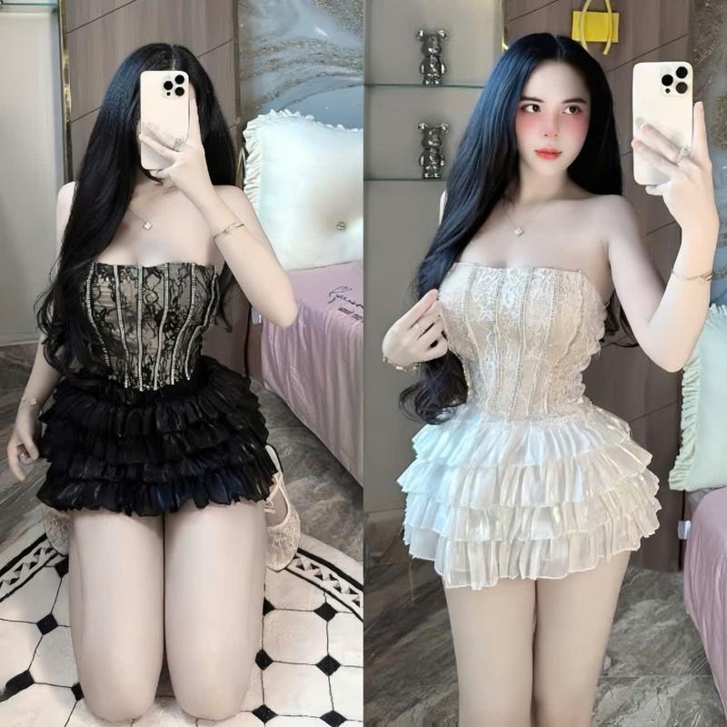  Set váy nữ áo ren hoa thiết kế cúp ngực phối kim tuyến mix chân váy voan tơ xếp tầng dáng xòe sang chảnh dành cho các nàng diện đi chơi đi tiệc. 