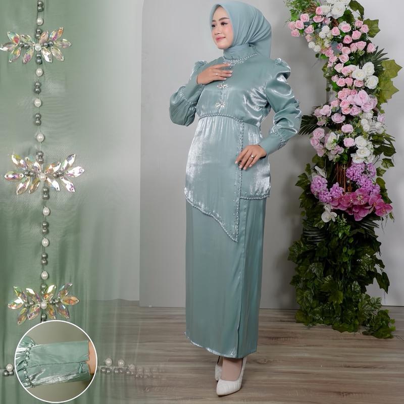 Hameedah - One Set Tunik Payet Melayu Malaysia Baju Pesta Kondangan Wanita Muslim Gamis Dress Dewasa 2