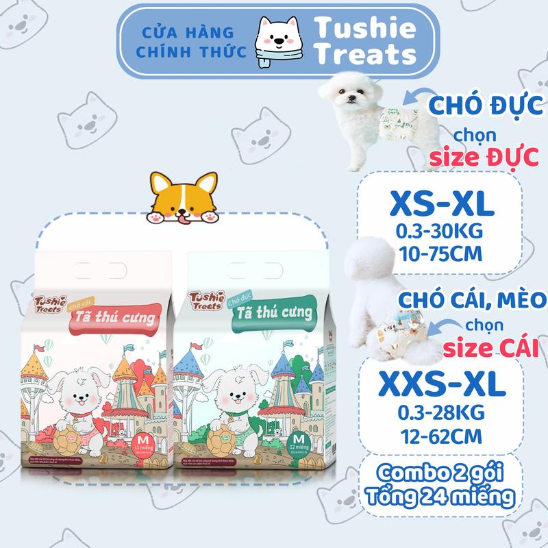 【Combo 2 gói Tã bỉm thú cưng Tushie Treats cao cấp bịch 12 miếng cho chó mèo đủ size từ XXS-XL 0.5-30kg