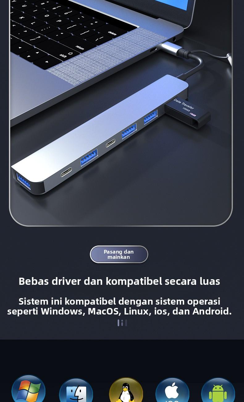 Hub 7-in-1 USB Type C USB 3.0 & 2.0 Kecepatan Maksimum 5Gbps untuk PC Laptop Telefon dan Tablet Computer Card
