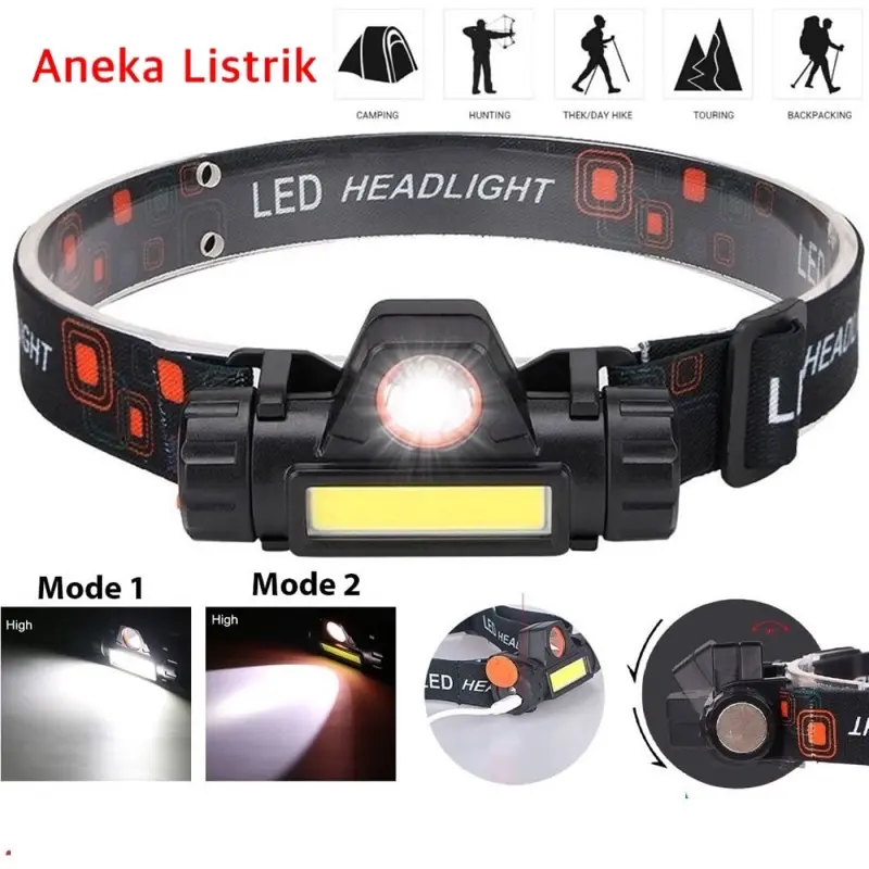 Senter Kepala LED Mini COB  Super Terang Murah Headlamp Bisa Putar Copot Cas USB Head Light Charger Head Lamp Headlamp Lampu Camping High Power terang Jarak Jauh Besi Mobil Baterai Bohlam Kecil dan sederhana White Putih 1