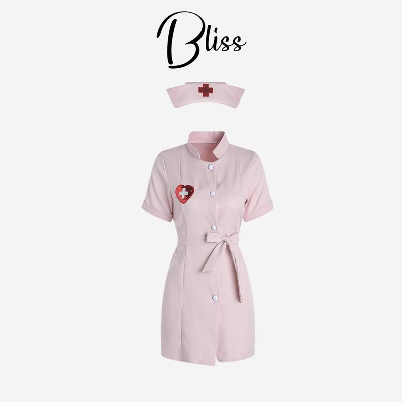  BLISS Nurse Bộ Đồ Hóa Trang Y Tá Nữ Tính Đầy Đủ Bao Gồm Váy Cổ Sâu V Thanh Lịch Và Quần Lót Tặng Kèm Chất Vải Mềm Mại Form Dáng Ôm Nhẹ Free Size Cho Người Dưới 60kg 