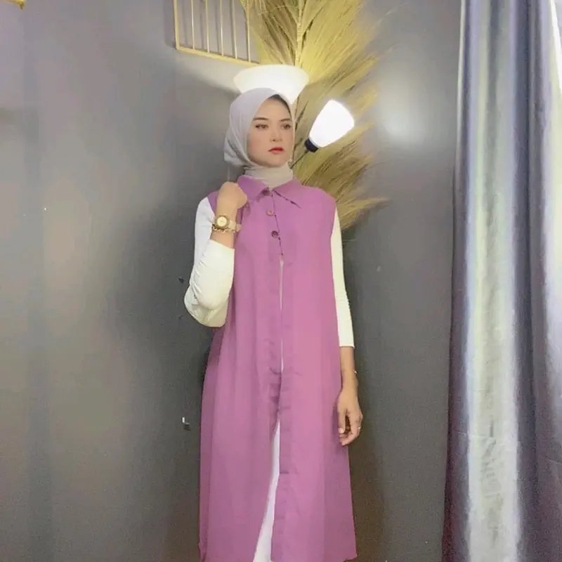 Outer Ceruty Long Dress Cardigan Kardigan Wanita Panjang Muslim Polos Tanpa Lengan Oversize Atasan Kancing Midi Dress Kondangan Cantik Jumbo blazer brokat aira outfit outer tenun 3