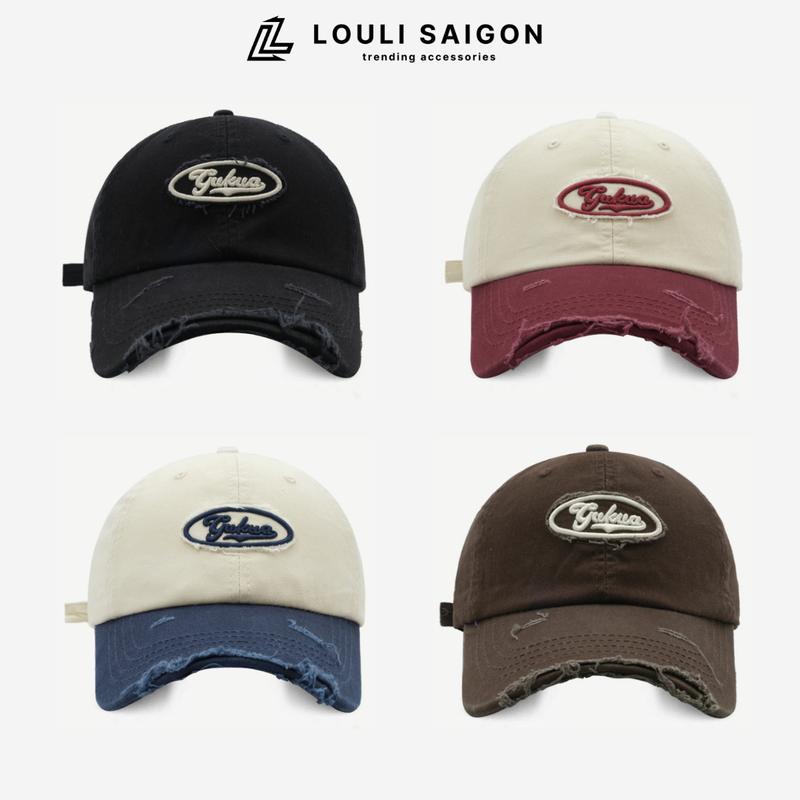 Mũ lưỡi trai nam nữ LOULI SAIGON chữ Gukua phối rách form mềm cá tính, nón lưỡi trai unisex vải kaki cao cấp M99