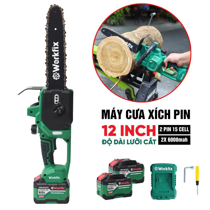 Máy Cưa Pin 12 Inch Workfix Cầm Tay - CS12BL - MÀU XANH - Tốc Độ Cưa 6m/s - Không Chổi Than Cao Cấp - Chân Pin Phổ Thông 2 Pin 15 Cell 21V/6Ah
