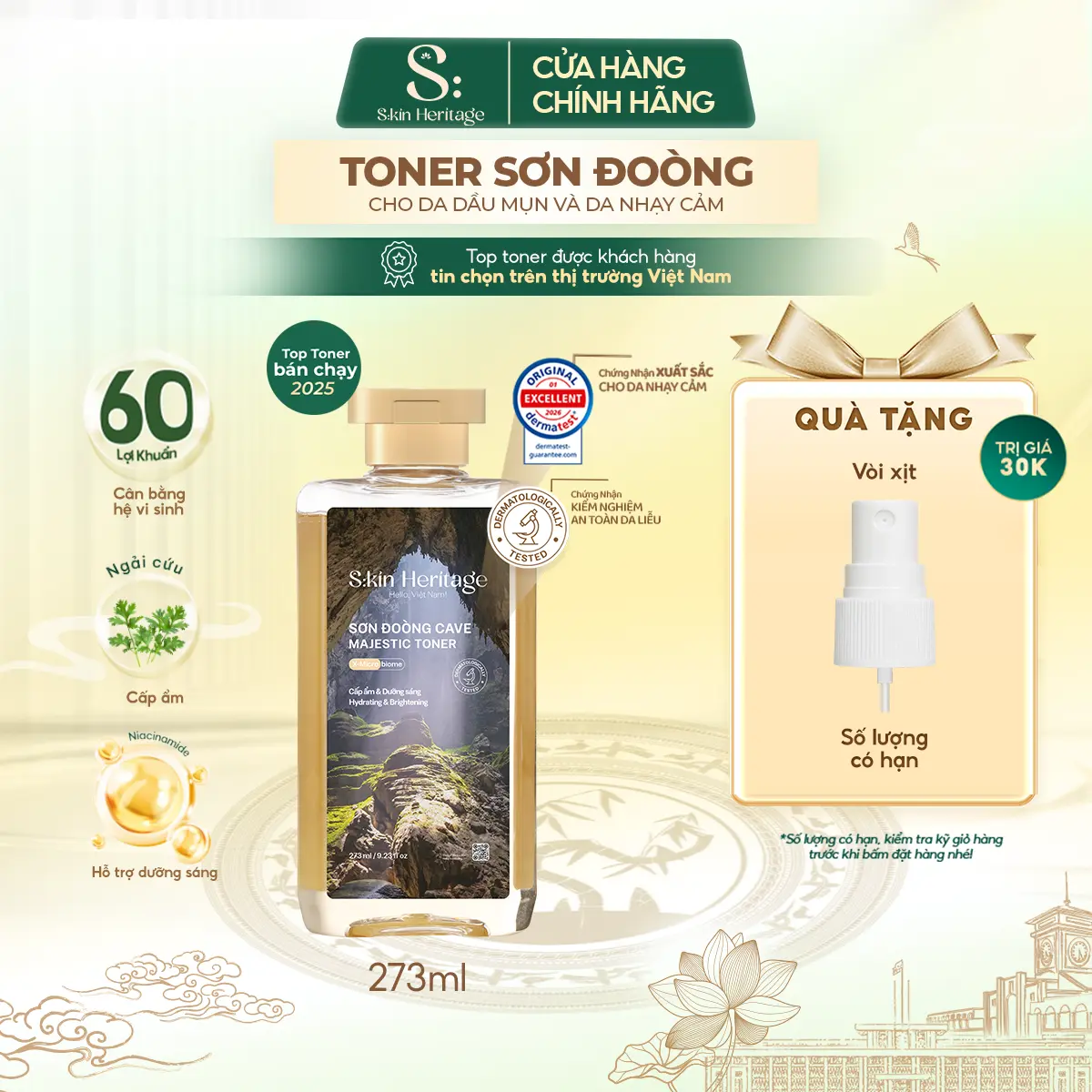 [KOL] Toner Sơn Đoòng Dưỡng Ẩm Da, Làm Dịu Và Cân Bằng Độ Ẩm Cho Da Dầu Mụn và Da Nhạy Cảm SKIN HERITAGE Toner Cấp Ẩm Cung Cấp Đến 60 Lợi Khuẩn 273ml