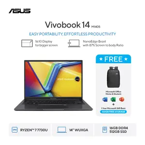 Asus Vivobook 14 | M1405YA-VIPS751M | AMD Ryzen 7-7730U | RAM 16GB | SSD 512GB | Layar 14"Inch WUXGA IPS | Windows 11 Home + Office Home Student 2021