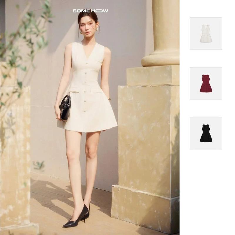  Giá Live Độc Quyền  Đầm Nữ Ngắn Linen Vneck Buttons Chất Vải Linen Bột Thoải Mái WDN114 SOMEHOW 