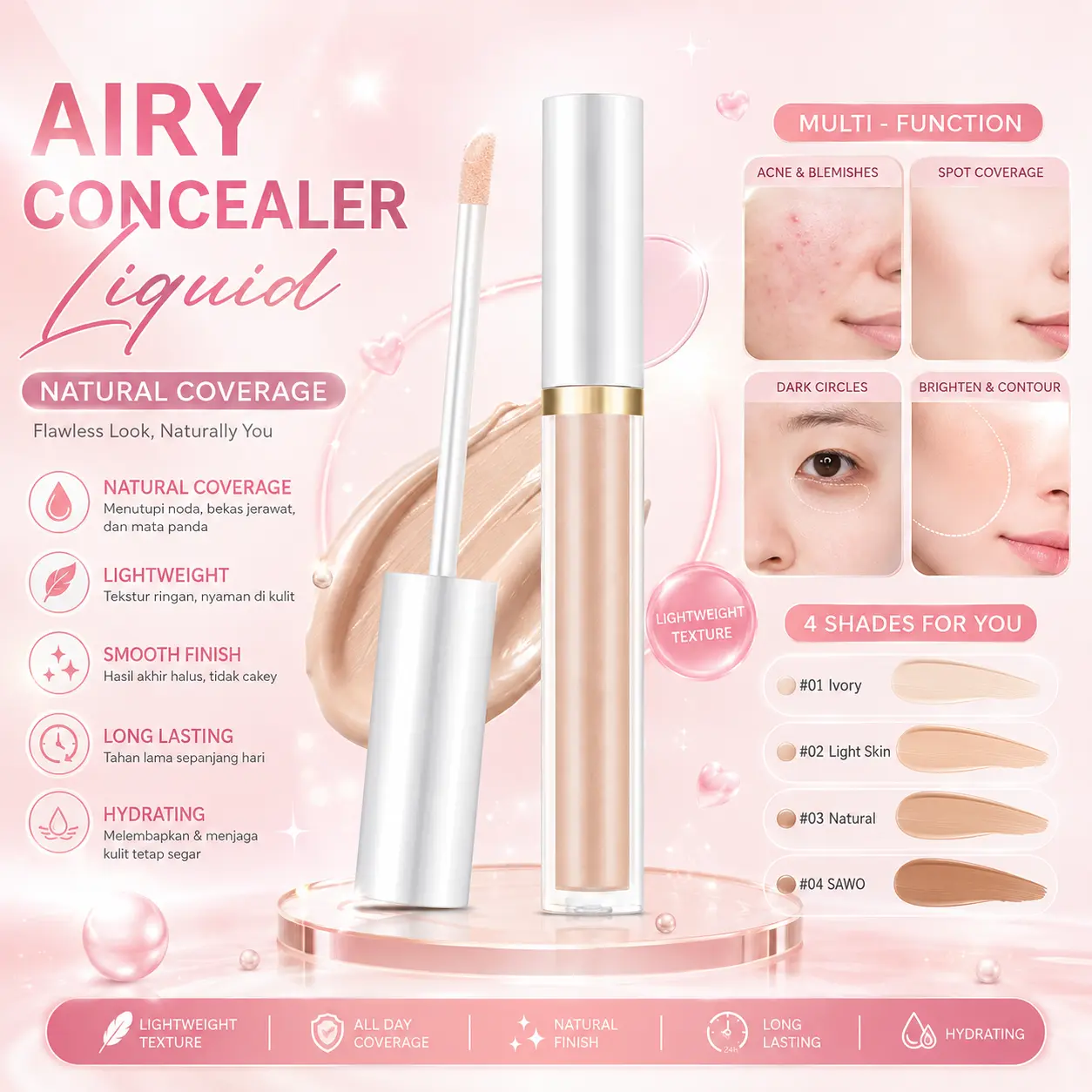 Min2 Concealer Stick Cair Halus Dan Ringan Highlight Cocok Semua Jenis Kulit Wajah Cerah Tahan Lama Light Concealer Foundation Liquid Consiler Penghilang Bekas Jerawat, Menutupi kulit tidak rata