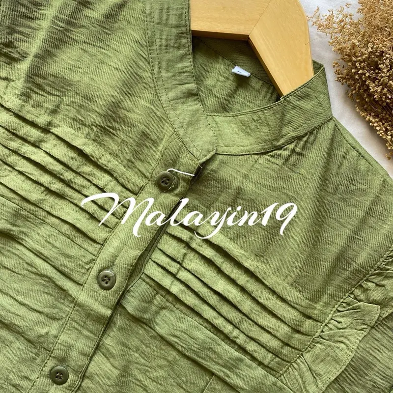 Malayin19 Mecca blouse kemeja wanita polos linen kekinian Baju kerja atasan panjang muslim dewasa Casual Formal Kerah Nyaman Basic Santai 4