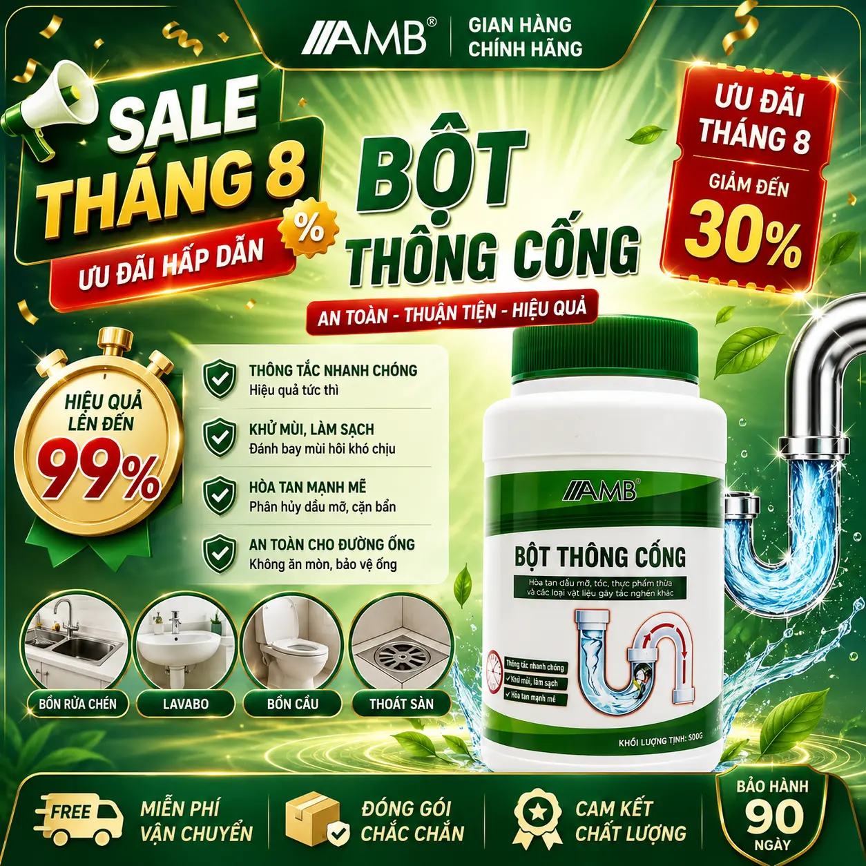 Bột thông cống sinh học AMB,Làm Sạch thông tác cống, đường ống bồn rửa bát, rửa mặt. An toàn thân thiện với đường ống.
