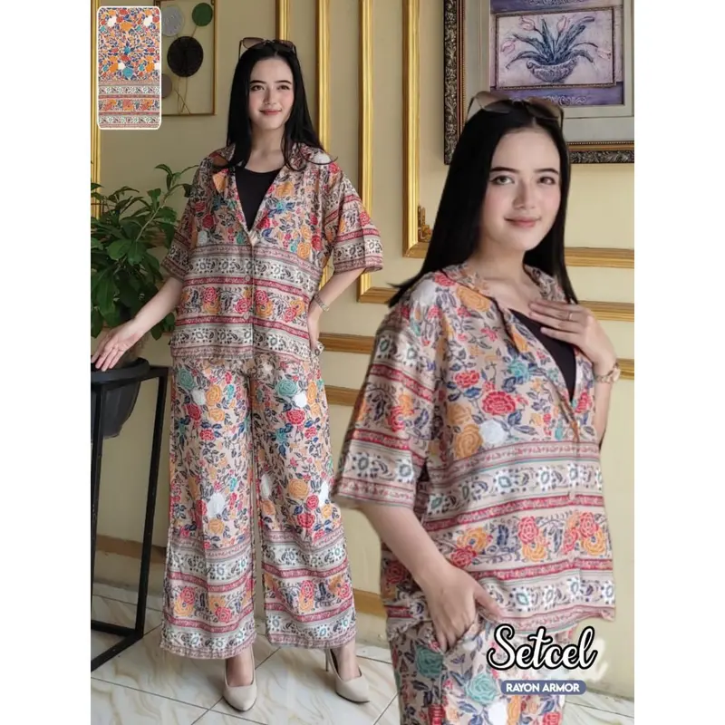 Setelan Wanita Cantika Motif Bunga Ld 110Cm Setelan Bahan Rayon Premium | Setelan Celana Kulot | Setelan Wanita Sablon Motif | Setcel Kemeja | Set Busui 2