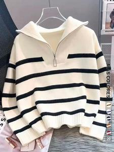 Suéter de mujer con estampado de rayas y cierre, hombro caído, suéter casual de manga larga con cuello para uso diario y al aire libre, top de punto para mujer para otoño e invierno, ropa del Día Nacional