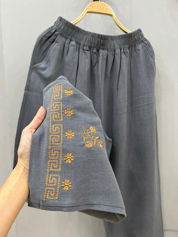 Quần Linen Nữ Form Suông Lai Quần Thêu Hoạ Tiết Chất Linen BamBo Đã Qua Xử Lý Độ Rút Mềm Mịn Phong Cách Thời Trang 