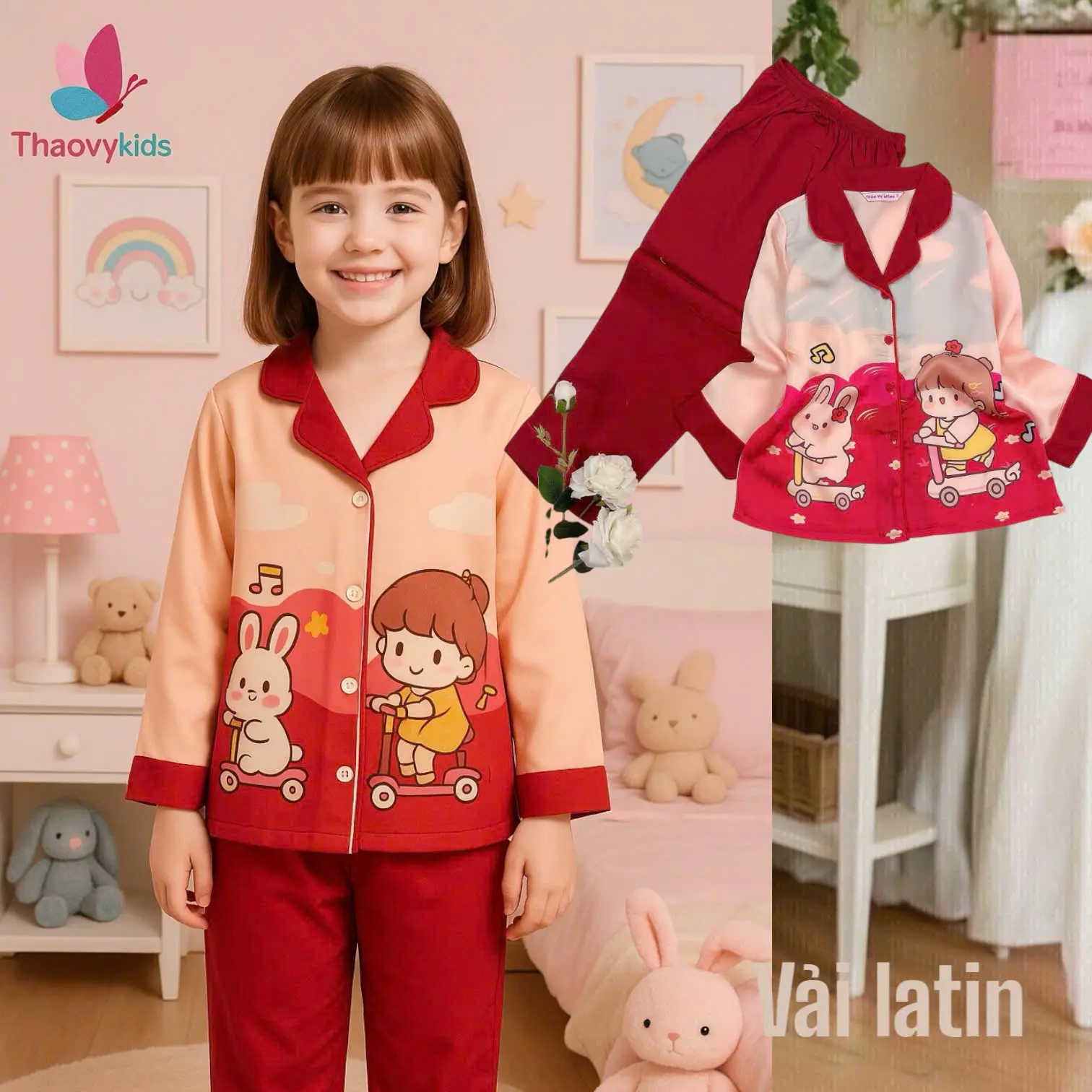 [10-57Kg] Bộ Pijama Hoa Tiết Bé và Thỏ Dài Vải Lụa Cao Cấp, Mềm Mịn Mát, Thấm Hút Mồ Hôi Tốt - ThaoVySleepwear - Xanh Rêu Đỏ Hồng Tím - Quần Áo Ngủ Pijama Nữ - Bé Gái - Bộ Ngủ Lụa Đồ Bộ Mặc Nhà Homewear Sleepwear Không Nhăn Co Giãn Không Xù Giặt Không Rút