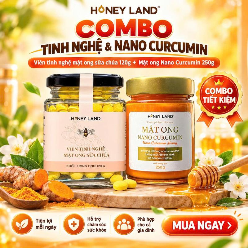 Combo Viên Tinh Nghệ Mật Ong Sũa Chúa 120g + Nano Curcumin 250g - Honeyland - Mật Ong Tự Nhiên