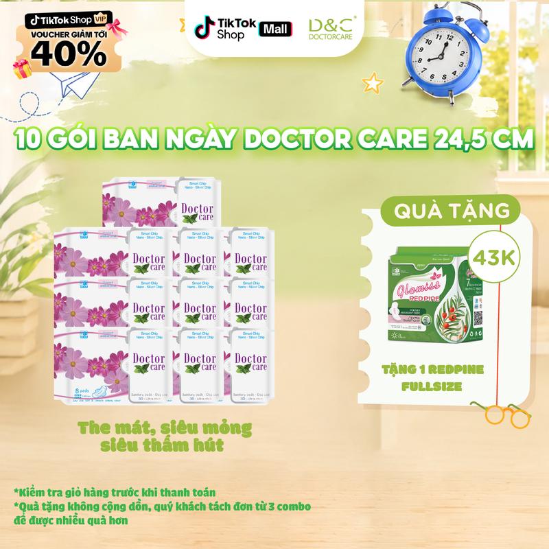 [AFF] COMBO 10 gói Băng vệ sinh Doctor Care Ban ngày mát lạnh có cánh 24,5cm (08 miếng/gói)[TẶNG 1 GÓI BVS BAN NGÀY REDPINE 8M]