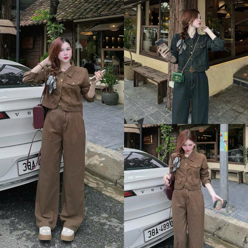 { Tặng Kèm Belt } Hàng QCCC  Áo Bò KAKI Dáng Ngắn Mix Quần Bò Ống Rộng - Thinhhanstore