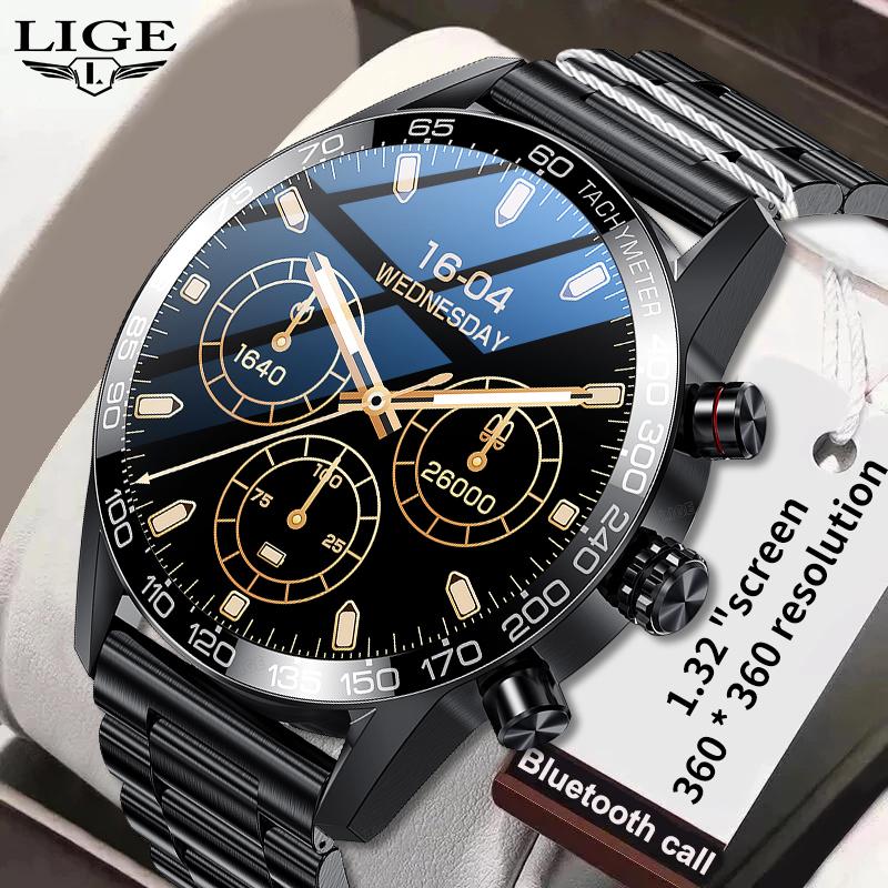 LIGE Smart Watch Men Full Touch Screen Bluetooth Call Blood Oxygen Waterproof Alarm Smartwatch Steel use for Android iOS jam tangan pintar lelaki