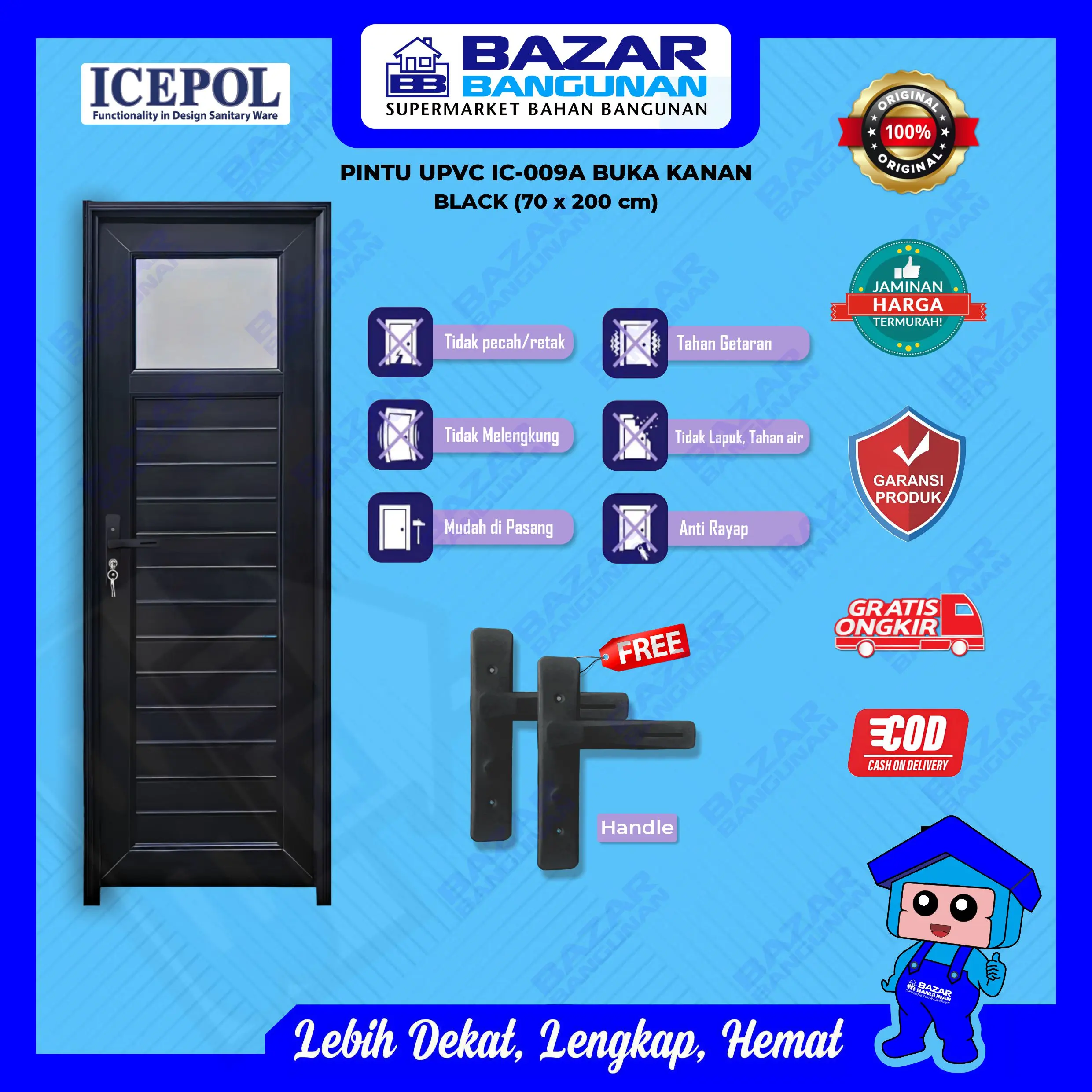 Icepol - Pintu Kamar Mandi Toilet WC IC 009A IC009A UPVC Kaca Black Hitam 70x200 Handle Kiri Buka Kanan