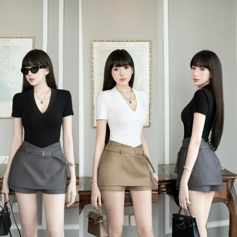Set bộ áo phông thun ôm cổ tim mix quần giả váy phối đai HÀNG ÉP MÙNG DÀY DẶN tôn dáng sang chảnh. Set đồ nữ đẹp basic sang chảnh by Đào Uyên