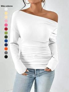 Playera lisa de cuello asimétrico fruncido para mujer, moda casual de hombro caído y manga larga para primavera y otoño, top para citas y uso diario