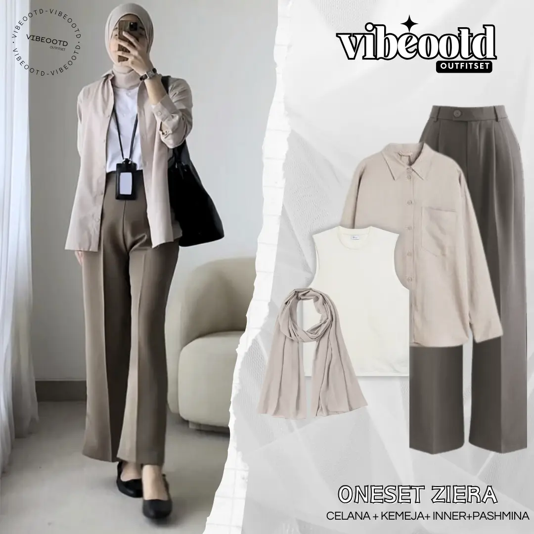 Naira Outfit Set Wanita Hijab ( Celana Kulot Loose Highwaist + Atasan Outer Kemeja Formal Katun Cream + Inner Manset Tanpa Lengan Knitt Rib + Pashmina Ceruty Babydoll ) One Set Korean Style | Setelan Hangout Simple |  Ootd Casual