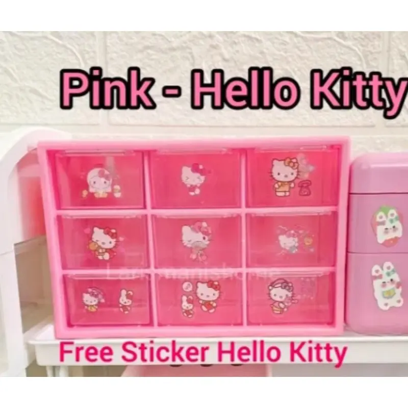 Kotak Laci Mini 9 Sekat Free Sticker Random Hello Kitty Melody Kuromi Cinnamoroll Pompurin Rak Laci Penyimpanan Aksesoris 3