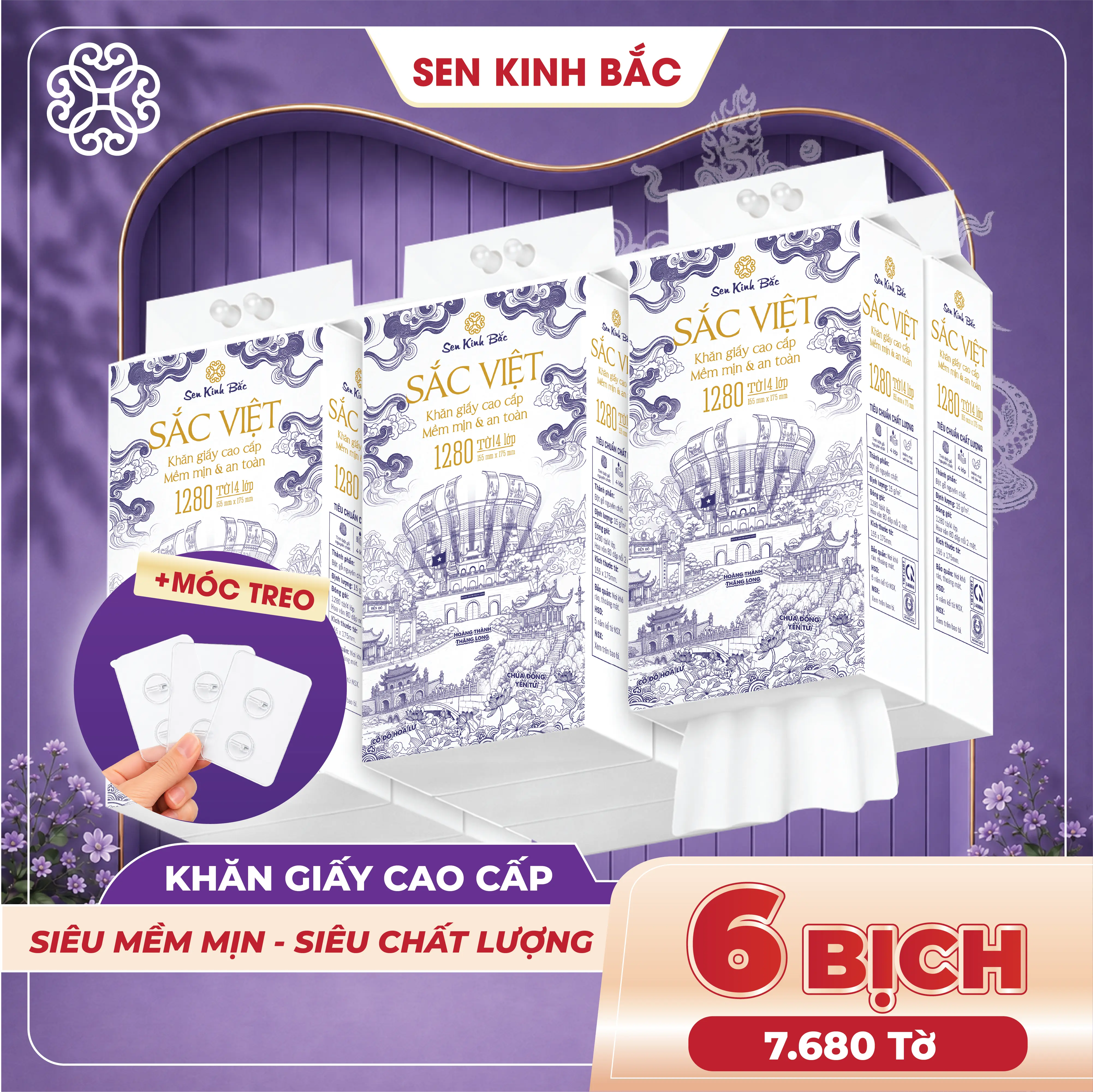 [ THÙNG 6 BỊCH - SIZE SIÊU TO ] Giấy Treo Tường SẮC VIỆT 1280 Tờ 320 Lần Rút - 4 Lớp Mềm Mịn, Kích Thước 175*155mm, Thương Hiệu Sen Kinh Bắc - Thành Phần Bột Gỗ Tự Nhiên 100% , An Toàn Lành Tính