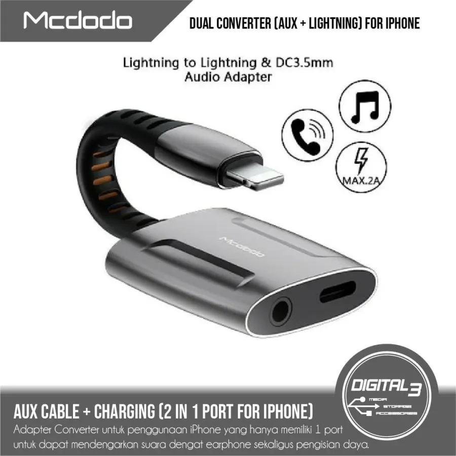 MCDODO CA-6340 Adapter Splitter Iphone 2 in 1 Lightning & 3.5MM Aux