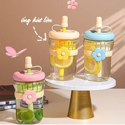 Cốc Thủy Tinh Uống Nước Đai Hoa Kèm Ống Hút 500ml Cute Dễ Thương -Bình Thủy Tinh Kèm Lõi Lọc Trà Tiên Lợi